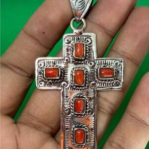 Artisan Silver and Orange Cross Necklace